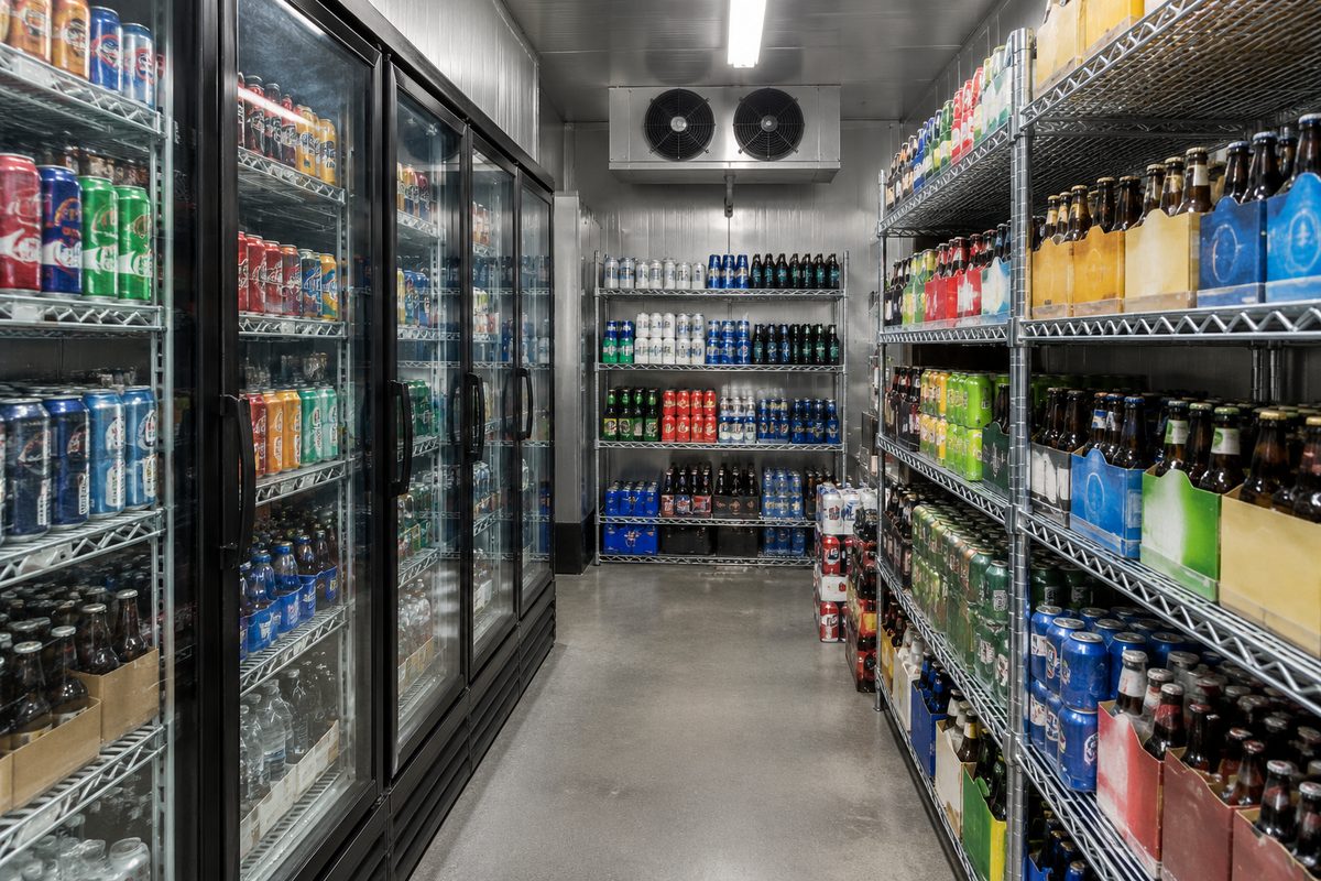 Commercial walk-in cold vault stocked with chilled beers and soft drinks