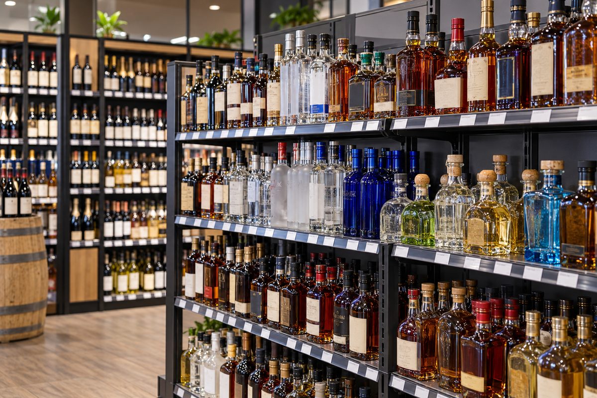 Distilled spirits and commercial liquor bottles displayed on retail shelving at Gran Linea Bebidas