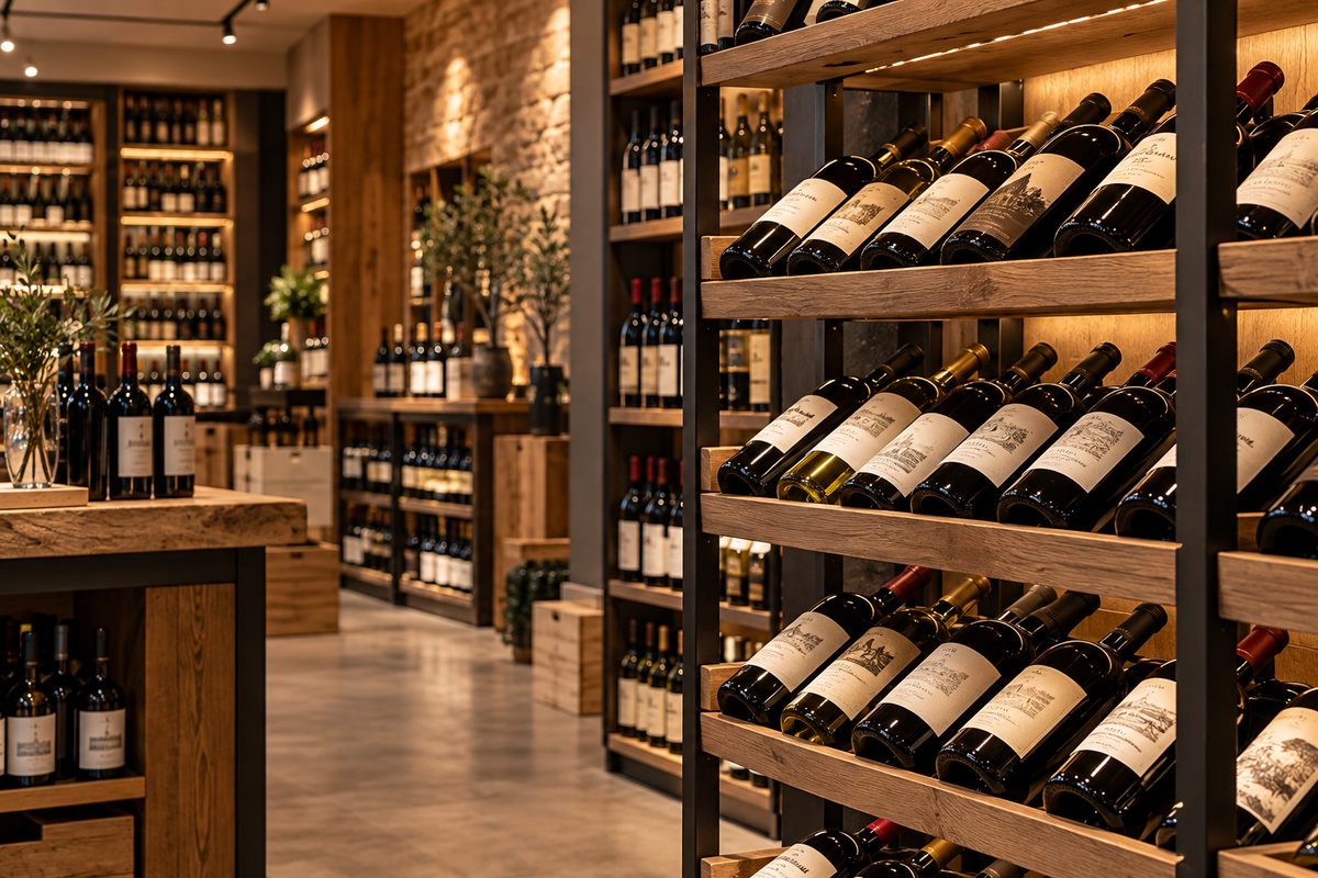 Curated red and white wine bottles on timber display racks