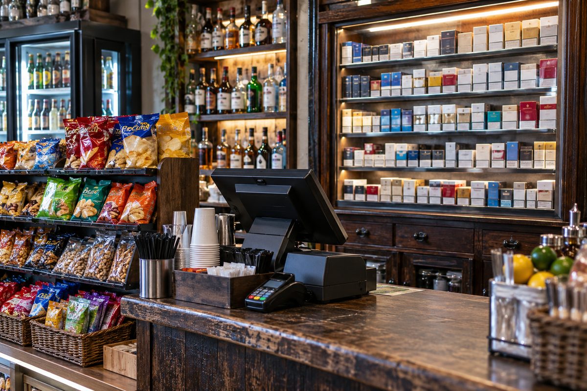 Checkout service desk showing snacks, party supplies, and point-of-sale terminal