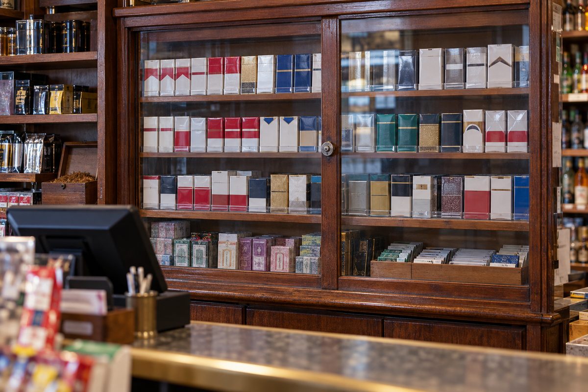 Secured commercial tobacco display cabinet and convenience merchandise behind the trade counter