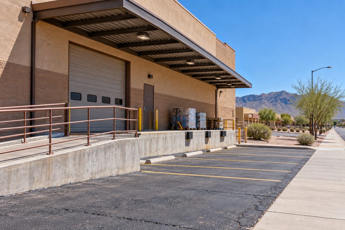 Customer parking and commercial loading bay at Gran Linea Bebidas in Douglas Arizona